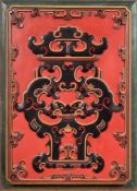 A Chinese lacquered and polychrome wood panel: of rectangular outline with the central motif of an