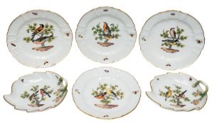 A pair of Meissen ornithological leaf-shaped dessert dishes and four matching plates: ozier-moulded