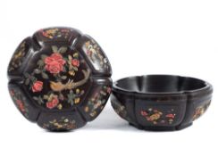 A Chinese carved and inlaid wooden box: of hexagonal lobed form inset with ivory, agate,