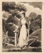 Attributed to Daniel Maclise [1806-1870]- A young lady crossing a stream in a formal garden,