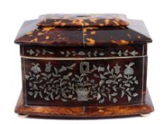 A 19th Century mother of pearl inlaid and blonde tortoiseshell tea caddy: of bowed outline,