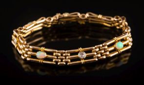 An opal and diamond mounted three-bar gate-link bracelet: set with four circular old-cut diamonds