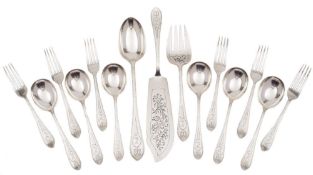 An Edward VII Irish pointed Old English pattern part flatware service, maker Francis Higgins III,