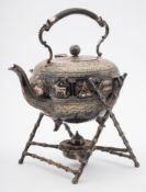 A silver plated spirit kettle, stand and burner, maker Mappin Brothers: crested,
