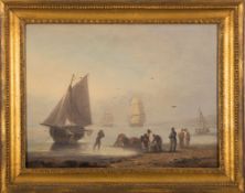 Thomas Luny [1759-1837]- Fisherfolk unloading a catch, calm sea and shipping in a bay beyond,