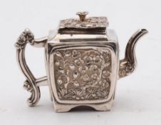 An early Victorian silver miniature teapot, maker JW, Birmingham, 1840: of square outline,
