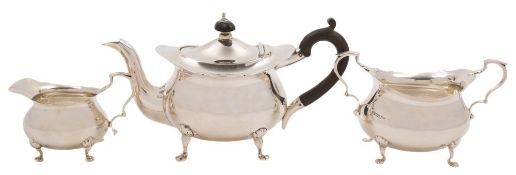 An Edward VII matched silver three-piece bachelor's tea service, maker Walker & Hall, Sheffield,