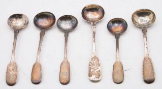 A collection of six 19th century Exeter silver Fiddle pattern salt spoons,