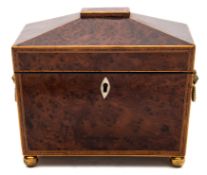 A 19th century yew wood and boxwood strung tea caddy: of sarcophagus outline,