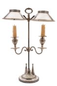 A silver plated twin-branch student's lamp: the central square column with twin domed adjustable