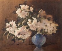 James Gray [c.1917-1947]- Still life of white blossom in a blue vase,:- signed Jas.