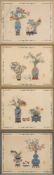 A set of four Chinese paintings on silk: depicting vases of flowers and flowering shrubs and fruit,