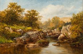 David Bates [1840 - 1921]- In the Lledr Valley; a fisherman in a rocky river landscape:,