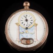 A gentleman's open face pocket watch: the enamel dial with hand painted mantel clock with visible