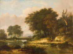 Manner of George Arnald [1763-1841]- Shepherd in a pass, sunset over a valley beyond,