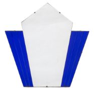 An Art Deco style wall mirror:, of kite shape with plain centre and blue tinted fluted wings,