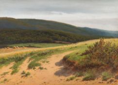 Joseph Knight [1837-1909]- A Welsh Valley; sandy bank in the foreground,