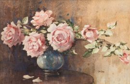 James Gray [c.1917-1947]- Still life of pink roses in a vase,:- signed Jas.