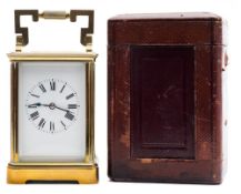 A French Edwardian carriage clock: the eight-day duration timepiece movement having a platform