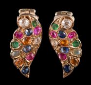 A pair of multi-gem-set ear clips: of wing design with emeralds, sapphires, rubies and white paste,