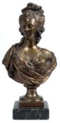 After Felix Lecomte (French 1737-1817) a bronze bust of Marie Antoinette: portrayed with hair tied