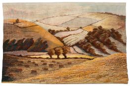 Pat Johns 'Exe Valley', a tapestry hanging: signed, inscribed and dated 1979, 97 x 150 cm.