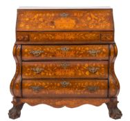 A late 18th/early 19th Century Dutch walnut and floral marquetry bombe bureau:,