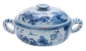 A German blue and white fayence two-handled spiced wine bowl and cover: with small internal