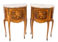 A pair of French beechwood, tulipwood veneered,