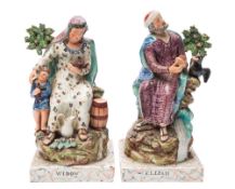 A pair of pearlware figure groups of Elijah and the Widow: the former modelled on a rocky outcrop