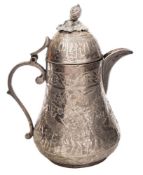 A Persian silver coffee pot: of traditional design, with domed hinged lid, curved spout,