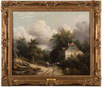 Edward Williams [1782-1855]- Cottage by a stream, figures and felled tree in the foreground,
