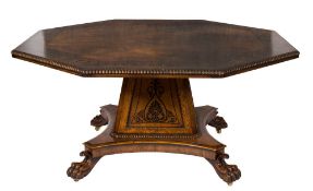 A burr oak and ebonised inlaid octagonal centre table in the style of George Bullock:,