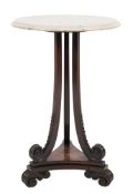 A Regency carved rosewood circular occasional table:, with a white marble top having a moulded edge,