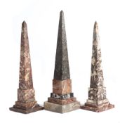 Three Torquay marble obelisks: of traditional design each on stepped bases, 39.