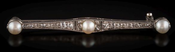 A 'pearl' and diamond and bar brooch: with graduated old-cut diamonds,