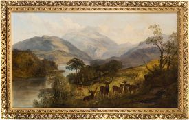 Joseph Denovan Adams [1842-1896]- Deer in a Highland lake scene,
