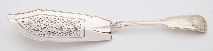 A Victorian silver Fiddle, Thread and Shell pattern fish slice, maker George Adams, London,