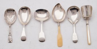 A collection of six various silver caddy spoons: various makers and dates, one initialled,