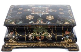 A Victorian papier mache jewellery casket by Jennens & Bettridge: of rectangular outline,