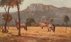 Jack Pohl [1878-1944, South African]- Oryx in a landscape, mountains beyond,