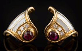 A pair of cabochon ruby, diamond and mother of pearl ear studs: each with a single circular,