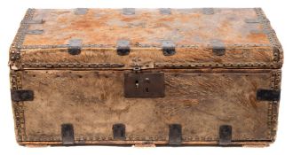 A 19th Century animal skin clad and metal strapwork and brass studded trunk:,