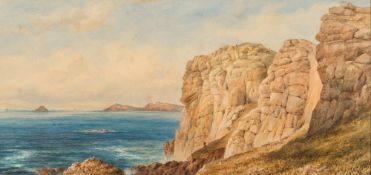 Thomas Goldsworthy Dutton [1819-1891]- Coastal view; ramblers on a rocky cliff in the foreground,