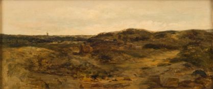John Wright Oakes [1820-1887]- Heathland landscape with windmill in the far distance,