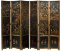 A contemporary chinoiserie decorated six-fold screen,: with numerous figures,