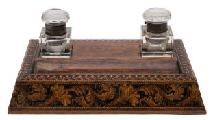 A 19th Century Tunbridge ware inkstand: in rosewood, inlaid with floral and geometric borders,