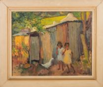 * May Ellen Hillhouse [1908-1989]- Girls and a goose in a yard,