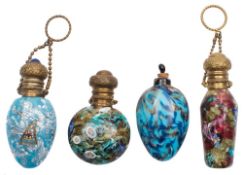Four coloured glass scent bottles and stoppers: each of either scrambled millefiori form or with