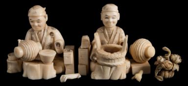 A pair of Japanese sectional carved ivory okimonos of street sellers: each seated before their